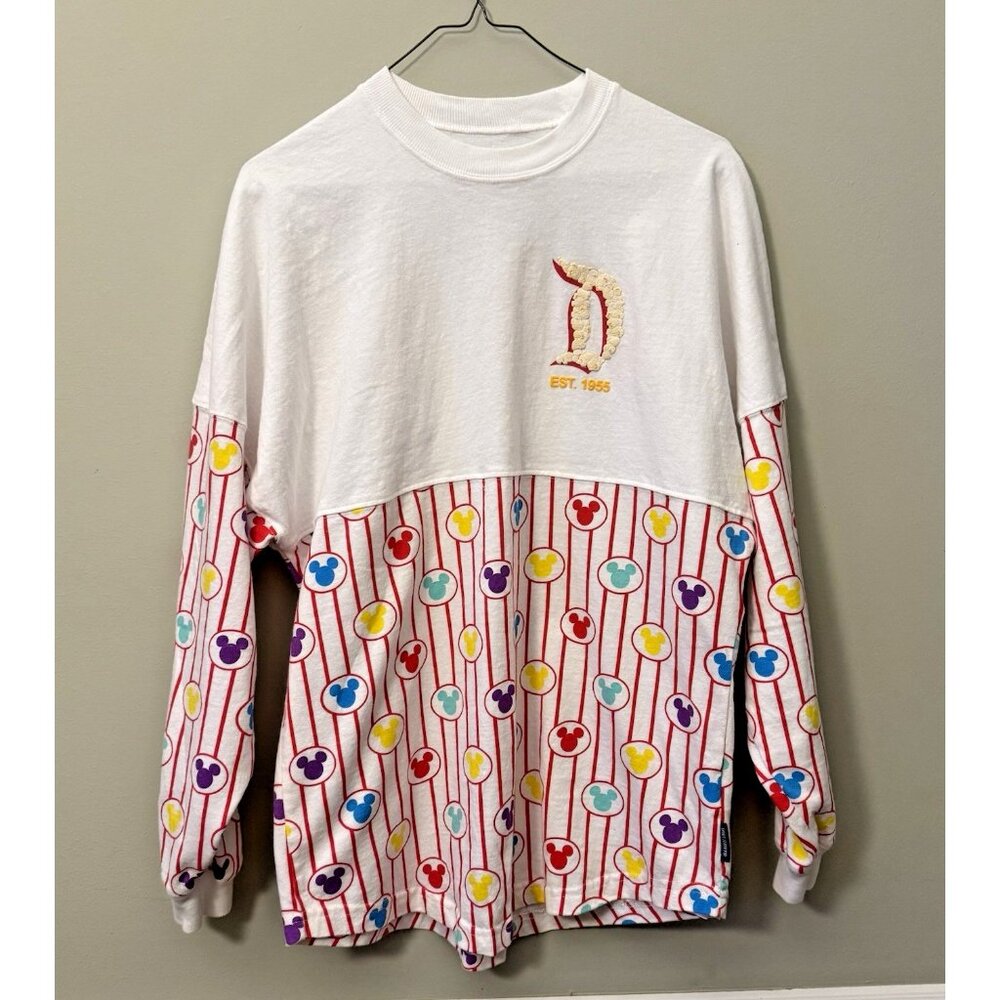 Disneyland Popcorn Balloons Spirit Jersey Size S White Red Stripe Mickey